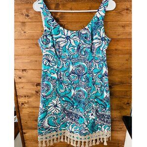 Lilly Pulitzer Eaton Shift Dress Teal/Blue Floral Paisley Gold Tassel Trim Sz 4
